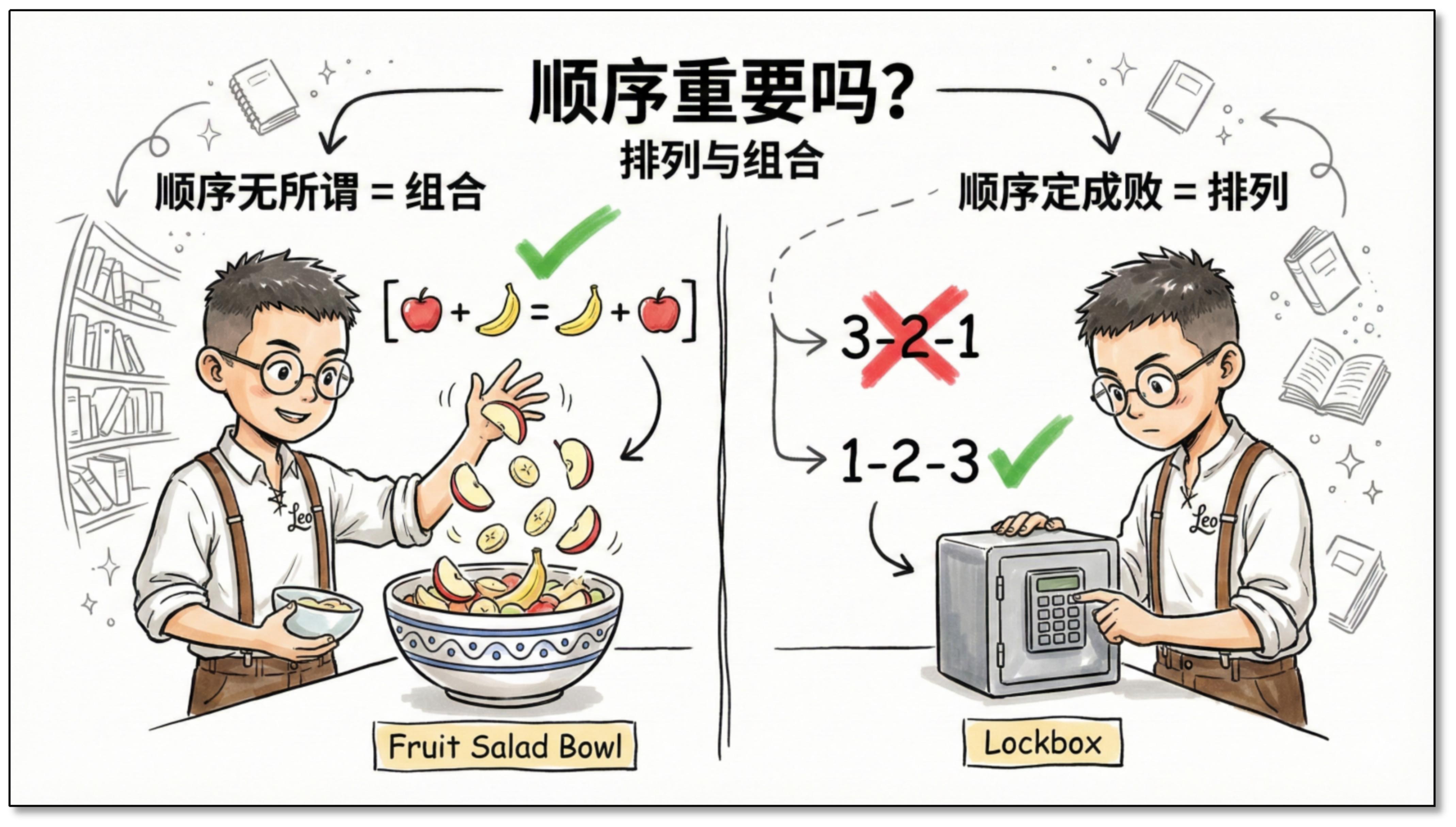 顺序重要吗？排列与组合——顺序无所谓=组合（Fruit Salad Bowl），顺序定成败=排列（Lockbox）